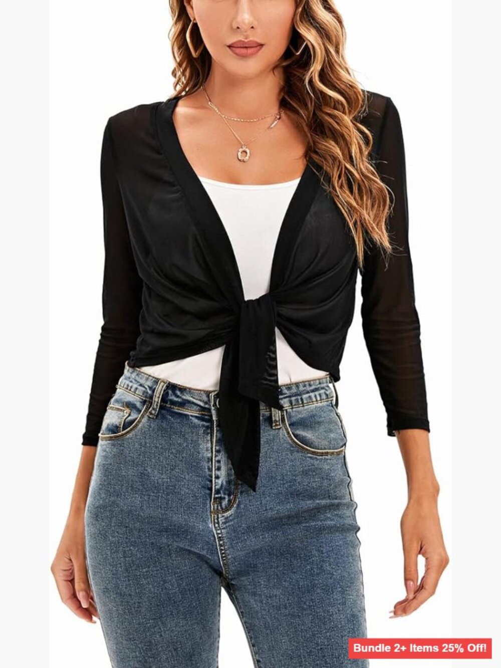Lightweight Mesh Shrug Cardigan with Tie Front, 3/4 Sleeves, XXL